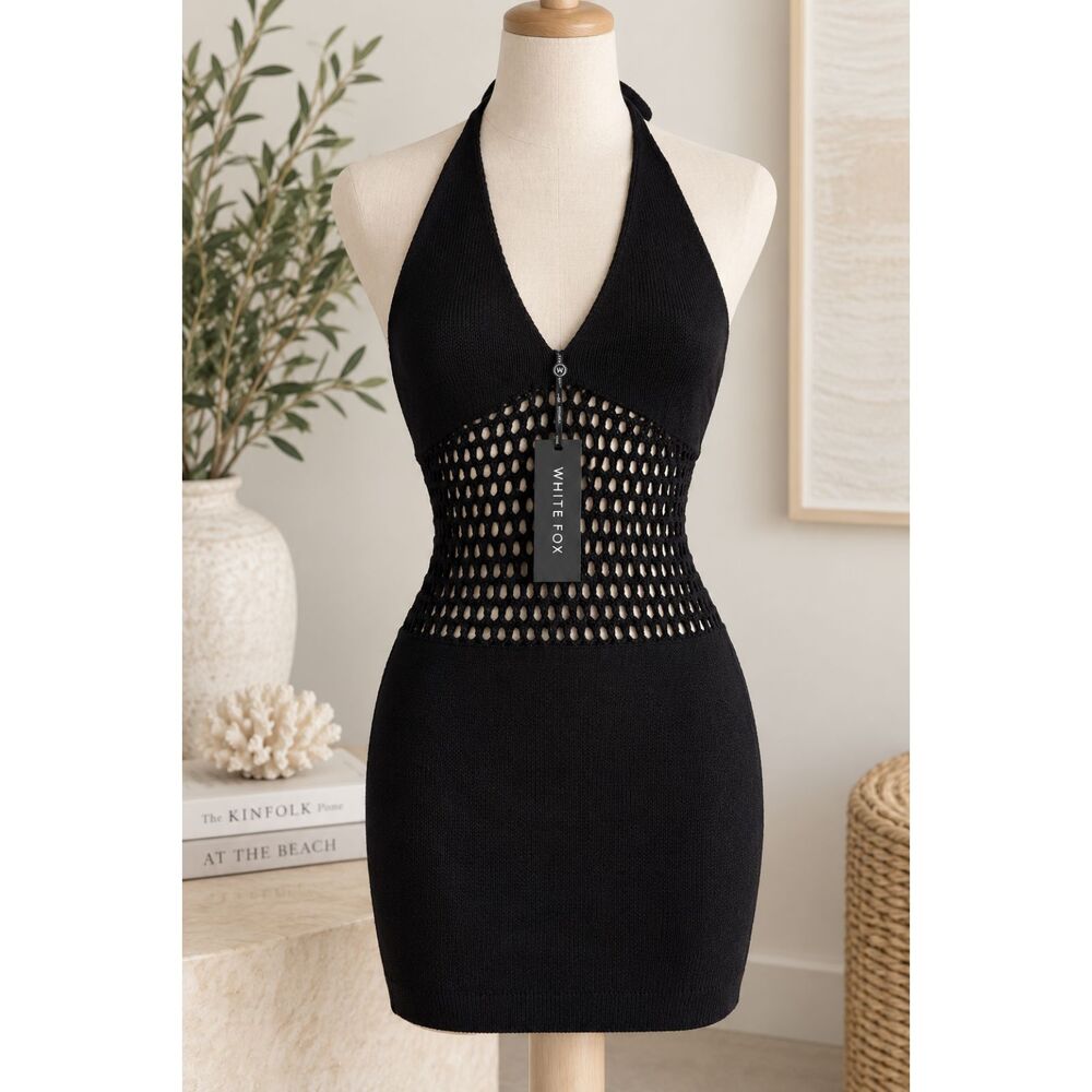 NEW White Fox Caught A Feeling Crochet Mini Dress XS Black Halter NWT Cutout